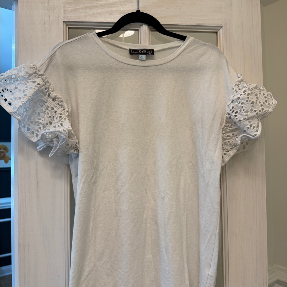Liza Byrd White Eyelet Ruffle Sleeve Tee